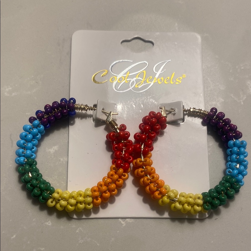 Rainbow Beaded Hoop Earrings. Colorful. Perfect for summer. NWT.